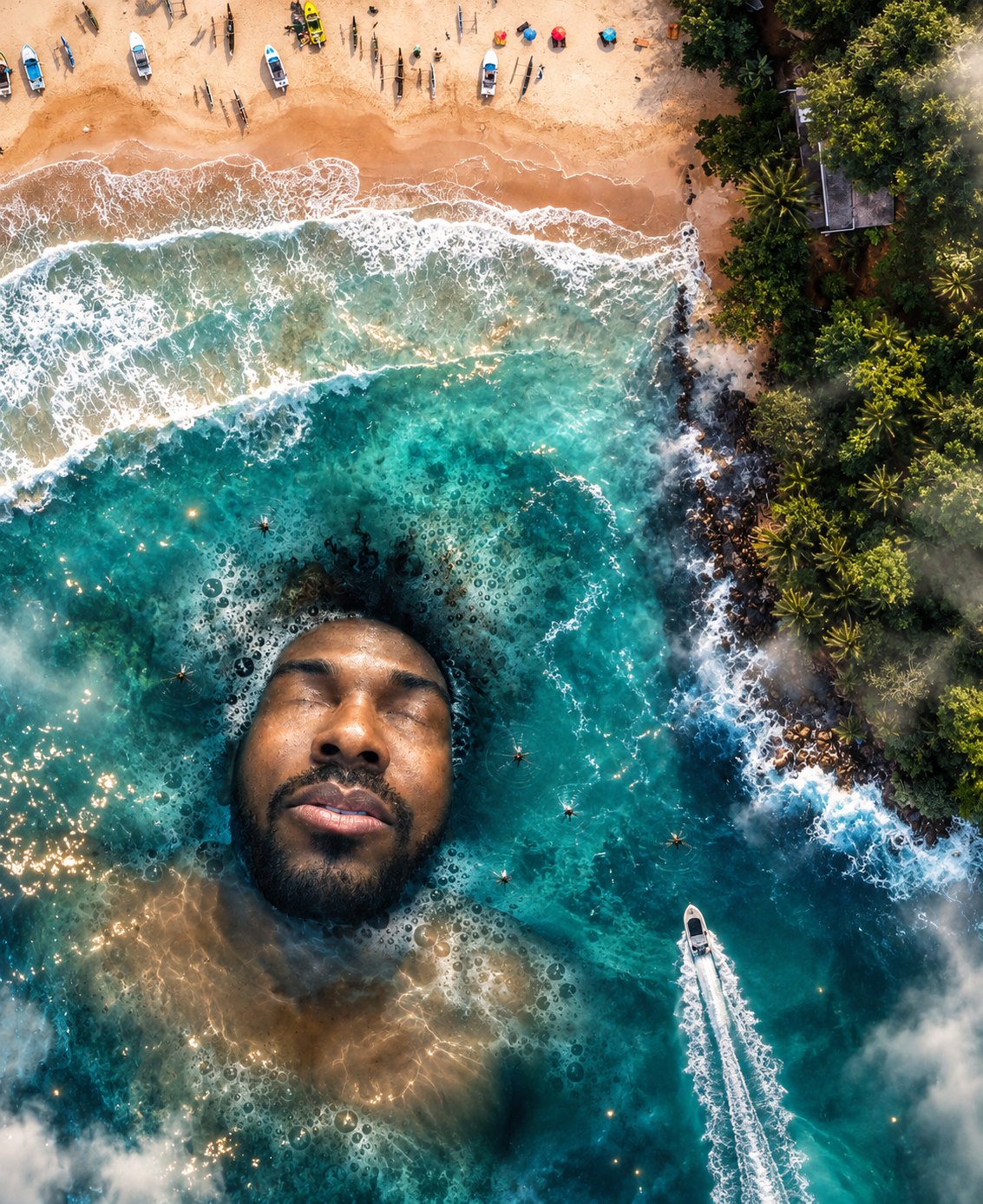 An aerial beach photo composited with a man's face emerging from the surf