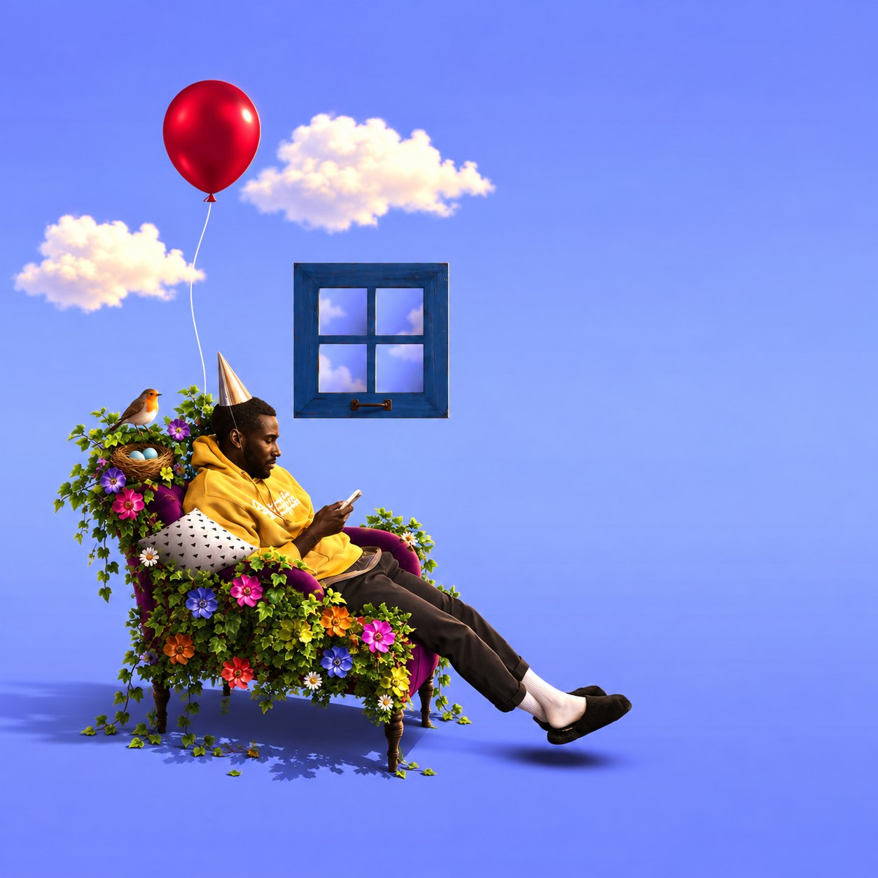 A man in a party hat on a flower-covered armchair, checking his phone beside a red balloon and a blue window