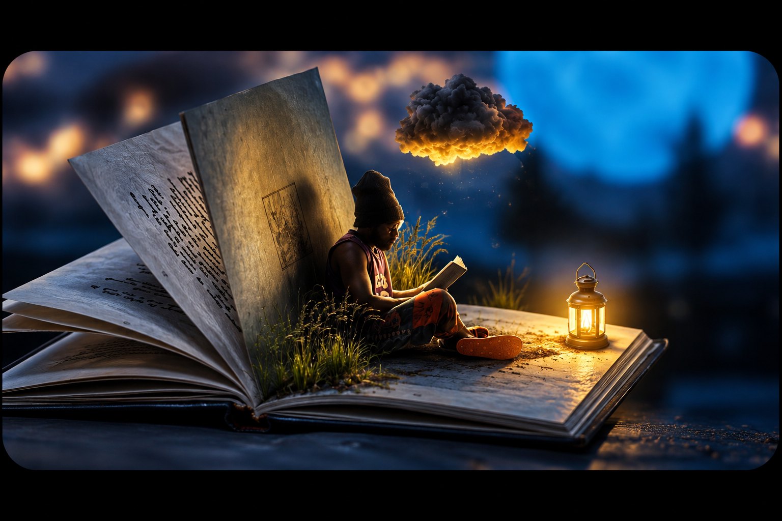 A tiny figure reading inside the pages of a giant open book, lit by a lantern under a glowing storm cloud