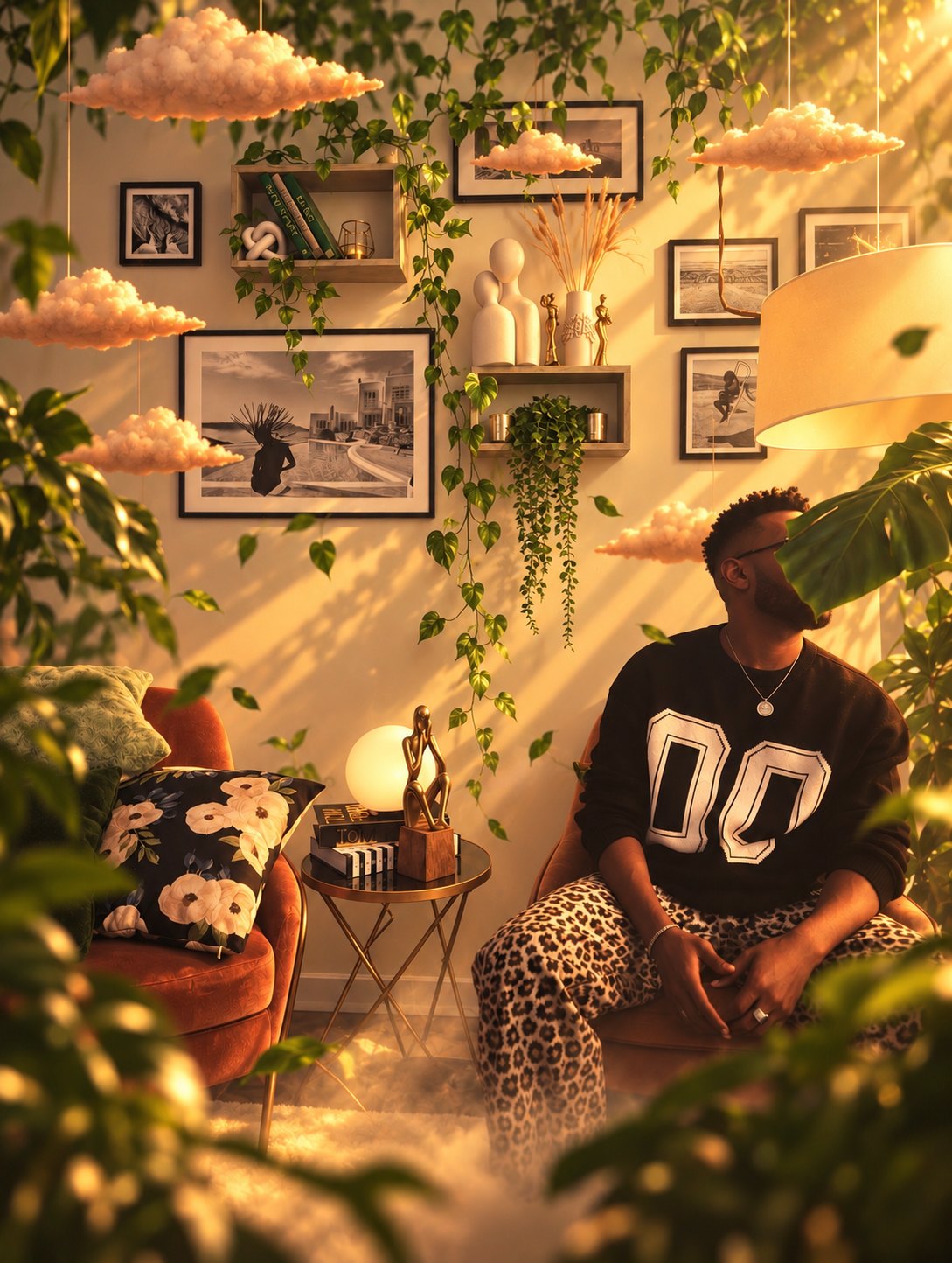 A man seated in a plant-filled, sunlit reading nook with felt clouds hanging from the ceiling