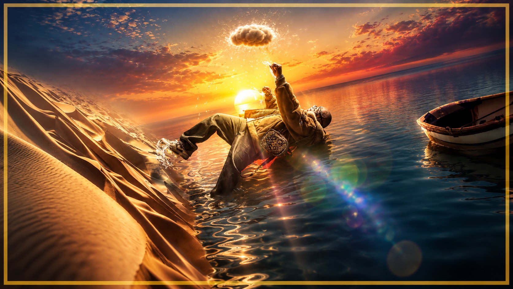 A man reclined between a desert dune and calm ocean water at sunset, reaching toward a small raining cloud