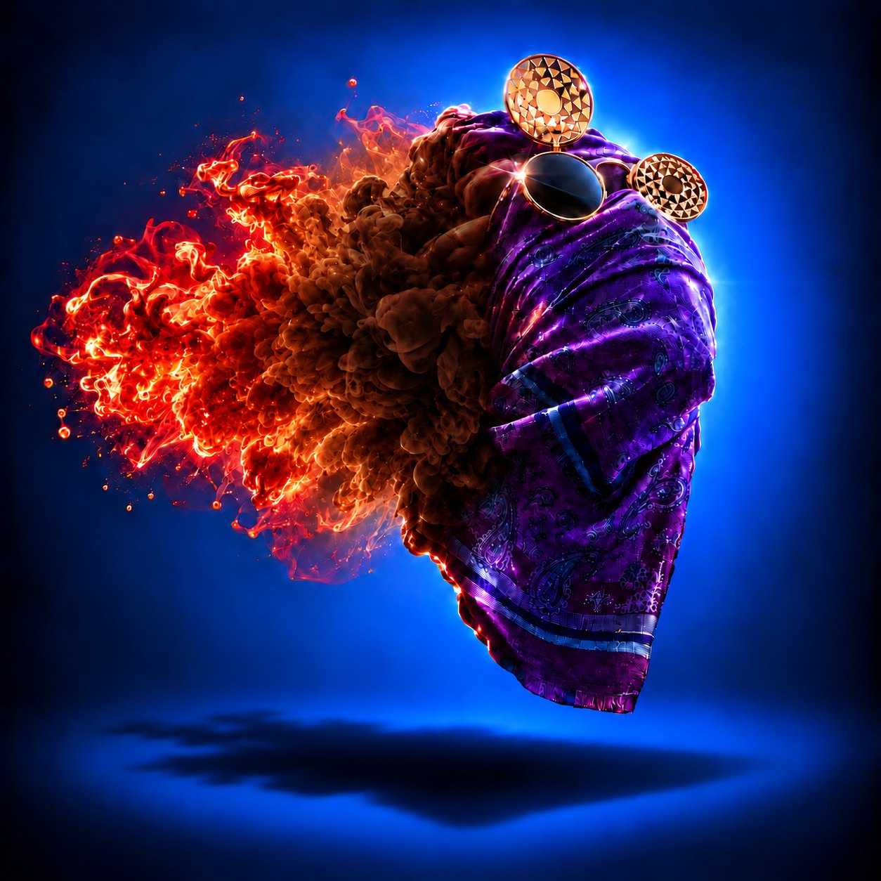 A bust wrapped in a purple paisley scarf and round sunglasses, one side dissolving into fire and smoke