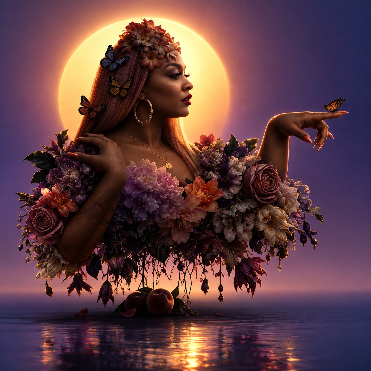 A woman crowned in flowers, backlit by a giant glowing moon, a butterfly perched on her fingertip