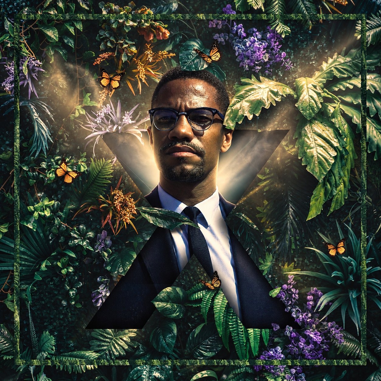 A portrait in glasses and a suit framed inside a giant "X", surrounded by jungle foliage and butterflies