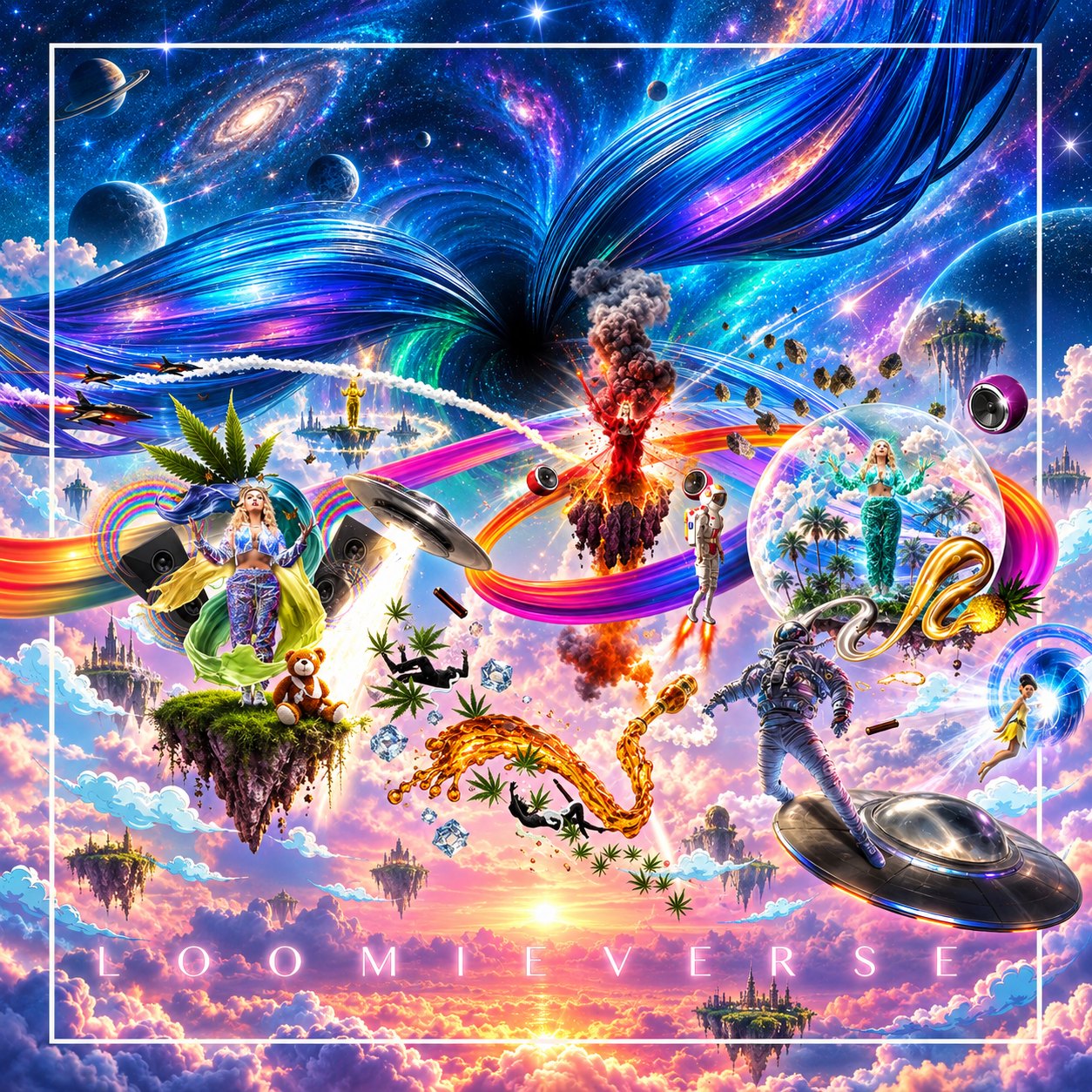"Loomieverse" — a maximalist space collage of floating islands, astronauts, and dancers swept into a cosmic vortex