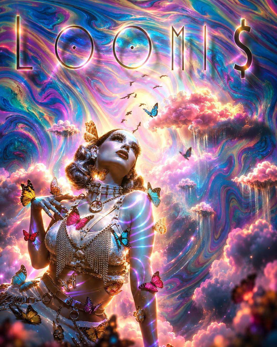 "Loomi$" cover art — a woman covered in butterflies and chain jewelry, gazing into a swirling psychedelic sky