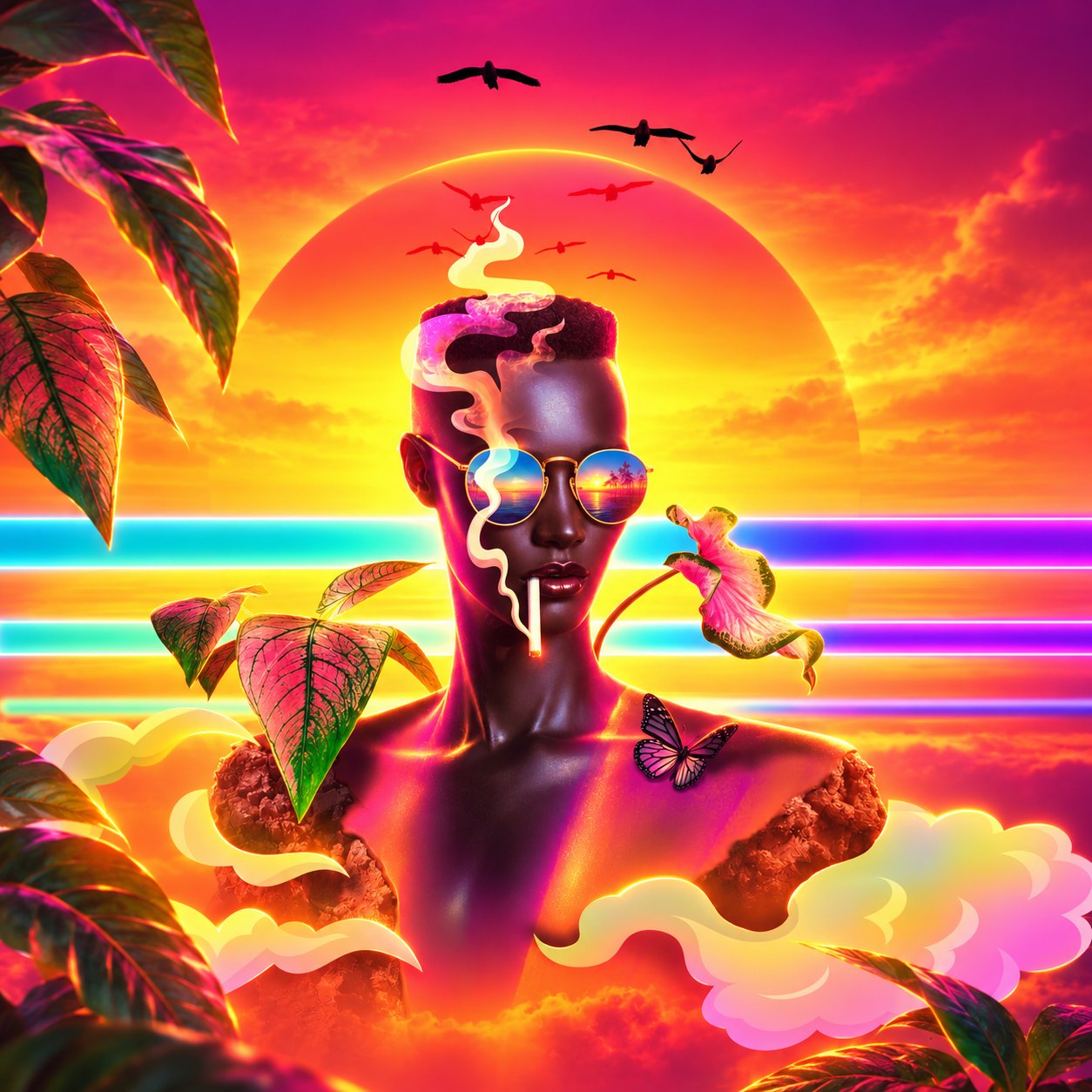A figure exhaling smoke that becomes birds, lit by a neon tropical sunset