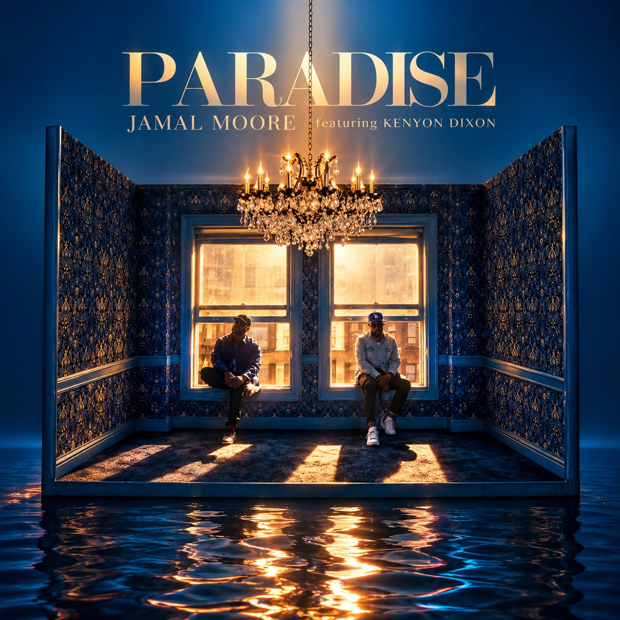 "Paradise" — album cover for Jamal Moore featuring Kenyon Dixon, two men seated in a flooded, chandelier-lit room