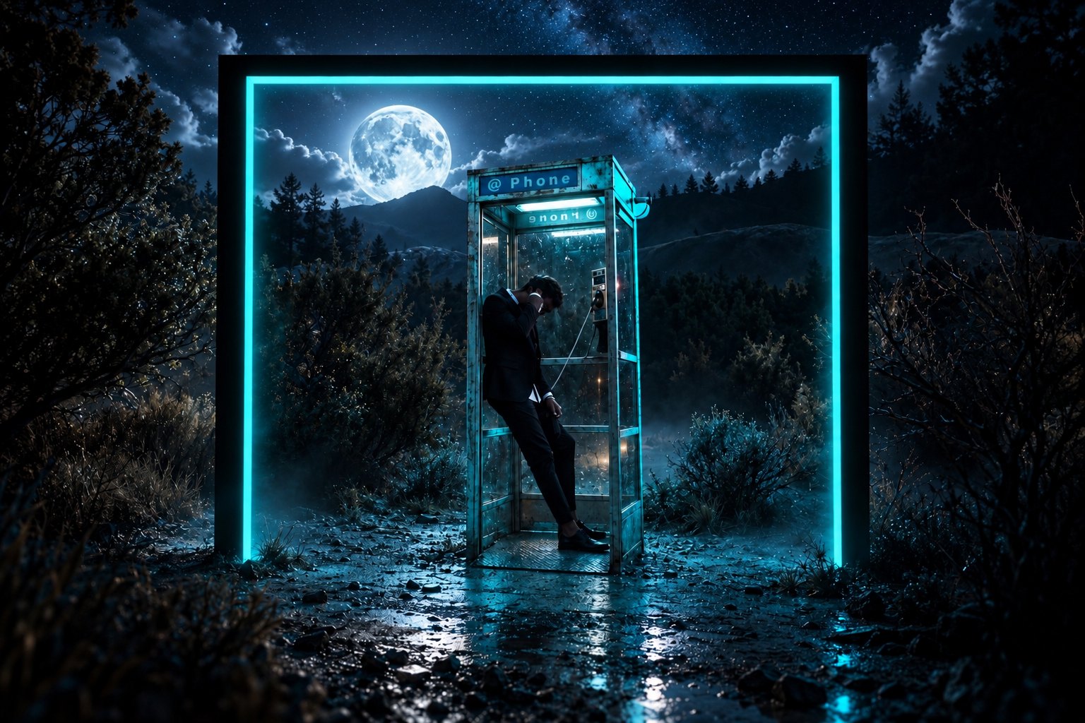 A man on a payphone inside a glowing neon-outlined phone booth under a full moon