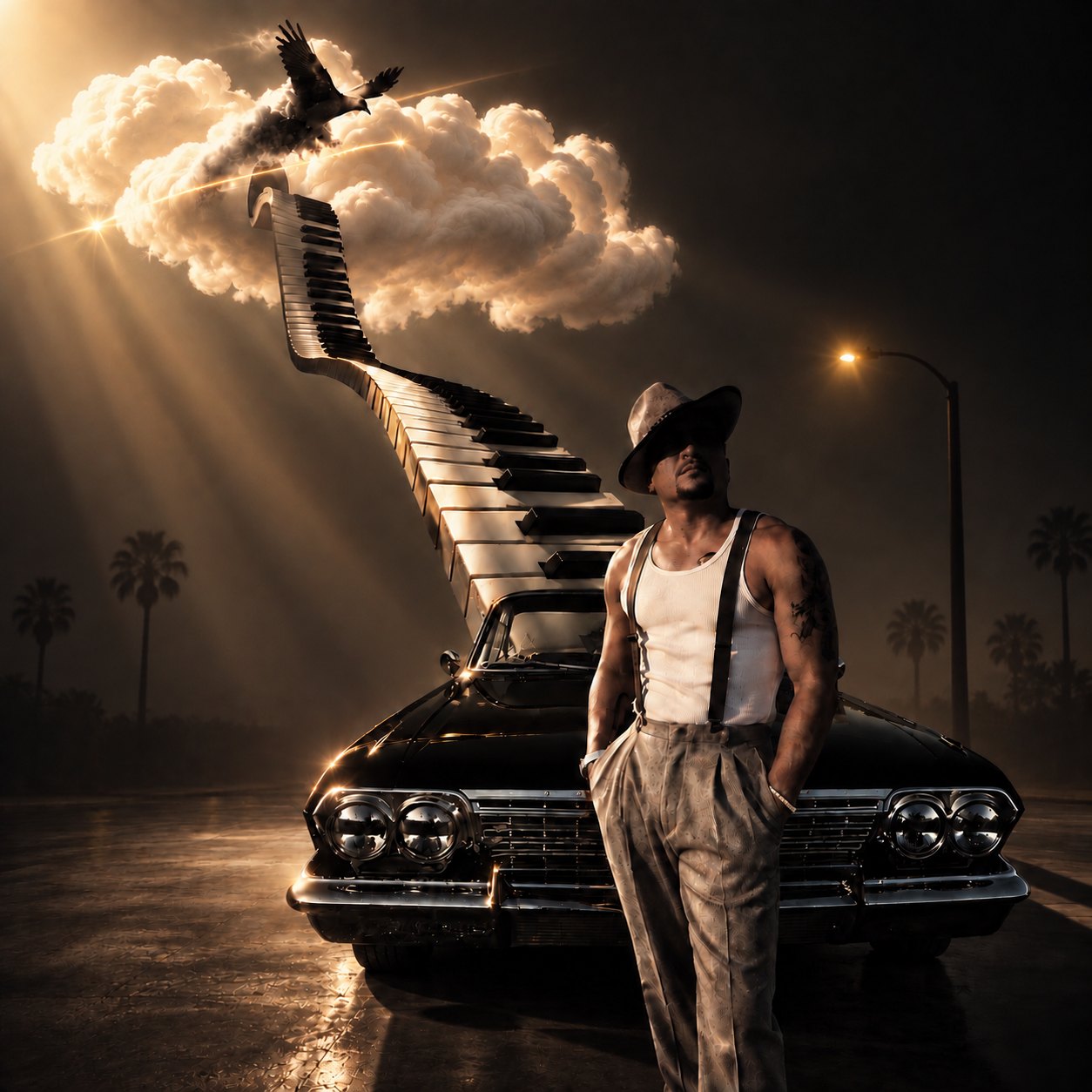 A man leaning on a vintage car beneath a staircase of piano keys rising into a glowing cloud