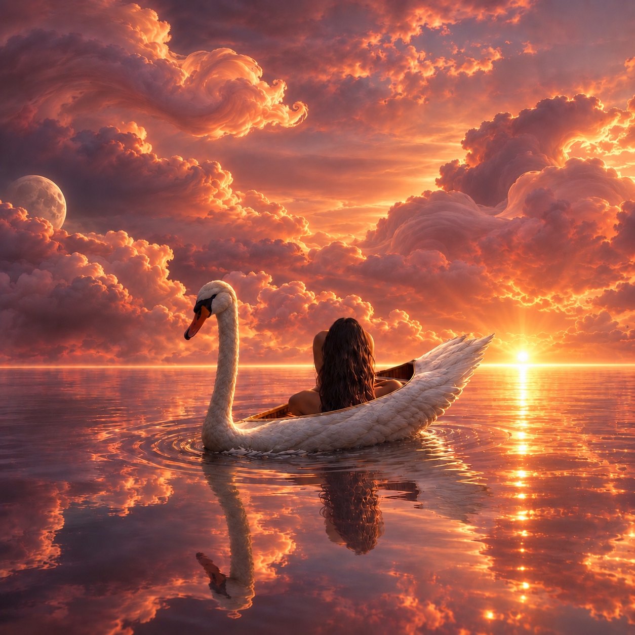 A woman riding a swan-shaped boat across still water under a dramatic pink sunset sky