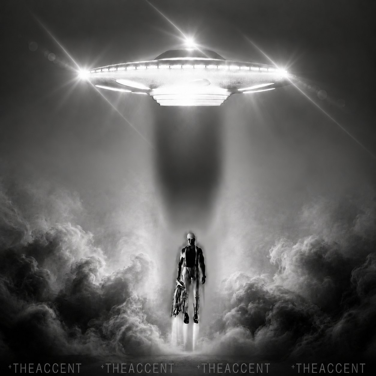 Black-and-white composite of a figure drawn up into a UFO's beam of light