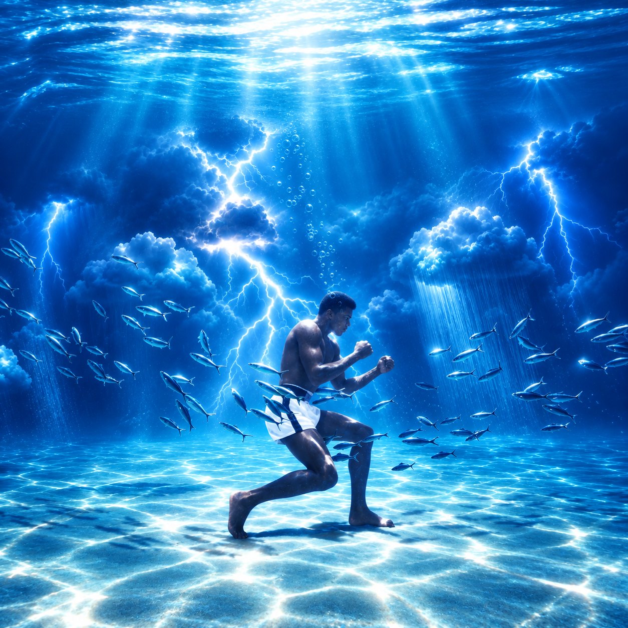 A boxer shadowboxing underwater, lightning striking through storm clouds and schools of fish