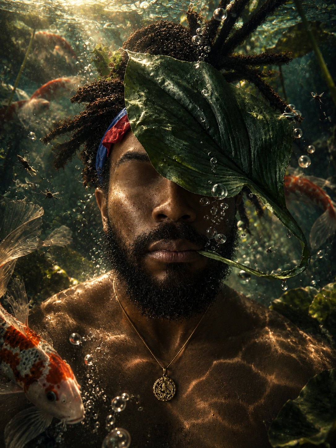 An underwater portrait, a man's eyes covered by a large leaf, surrounded by koi and bubbles